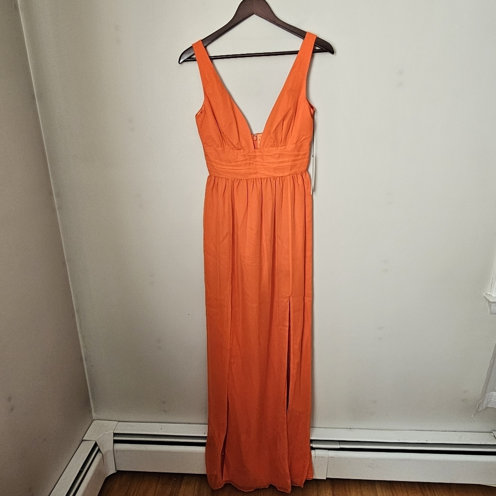 JAYGODFREY Gown Orange V-Neck Maxi Dress Silk Sleeveless Formal Womens 4 Fall - Picture 9 of 9